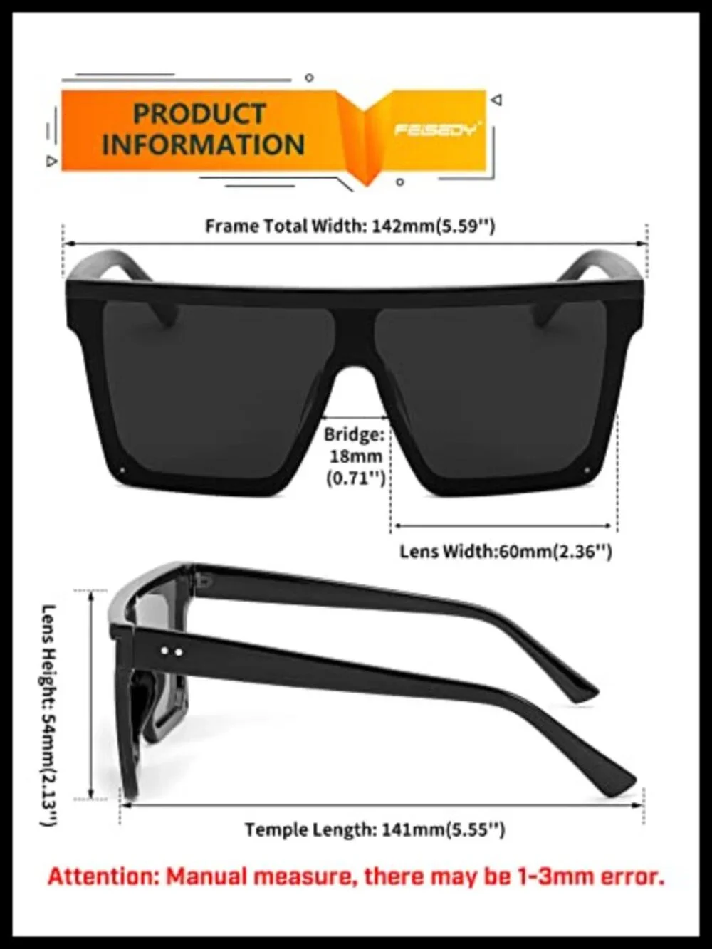 Oversized Flat Top Square Sunglasses UV400 Protection Unisex